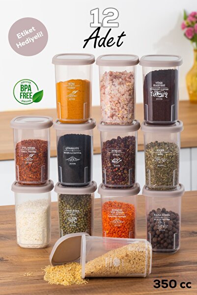 Porsima 1107 12'li Sızdırmaz Düz Kapaklı Etiketli Baharatlık Seti - Yiyecek Erzak Saklama Kabı