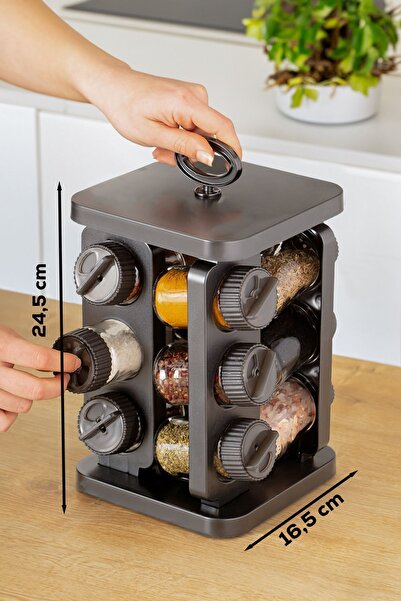 Porsima 1083 12li Kare Döner Standlı Döner Kapaklı Cam Baharatlık Seti -antrasit
