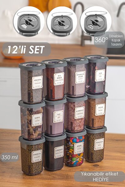 Porsima 1060 12li Kilit Kapak Etiketli Baharatlık Seti-baharatlık-saklama Kabı-350ml