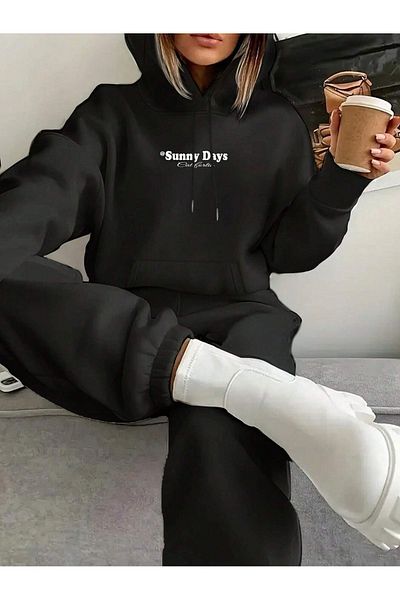 Mythologie Sunny Days Tracksuit Set - Black Printed Suit Jogger Sweatshirt Elastic Leg Hooded