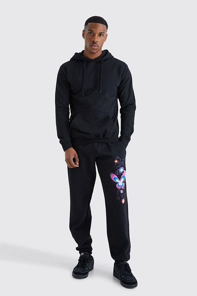 Mythologie Pour Homme Butterfly Tracksuit - Black Printed Suit Jogger Sweatshirt Rubber Leg Hooded
