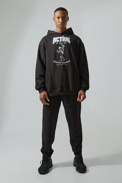 Mythologie Active No Off Tracksuit - Black Printed Suit Jogger Sweatshirt Rubber Leg Hooded