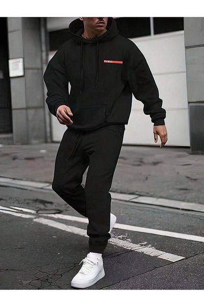 Mythologie Horizontal Paris Tracksuit - Black Printed Suit Jogger Sweatshirt Elastic Leg Hooded
