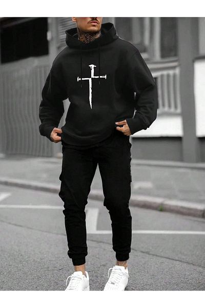 Mythologie Sword Design Tracksuit Set - Black Printed Set Jogger Sweatshirt Rubber Leg Hoodie
