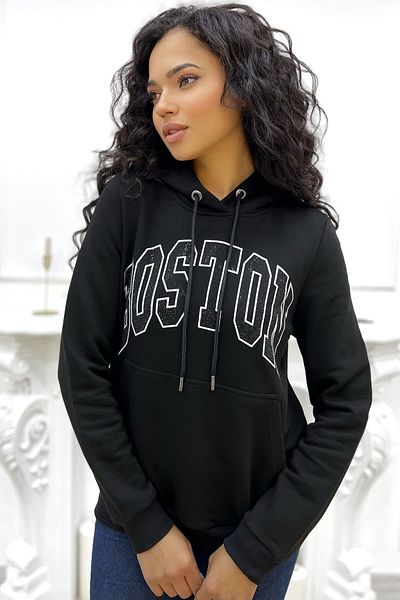 RICH GLAM Hanorac din bumbac pentru femei, negru Boston, cu glugă cu 3 fire