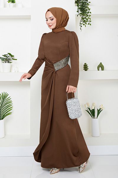 ModaMerve Καφέ ντραπέ Hijab Φόρεμα - 5026SL890-M