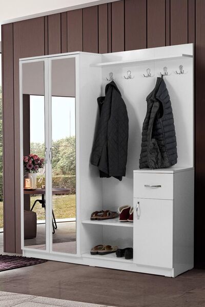 Moderniya Mobilya Flora 2 (İKİ) Kapılı Beyaz Aynalı Elbise Askılığı Kapaklı Vestiyer, Portmanto, Ayakkabılık