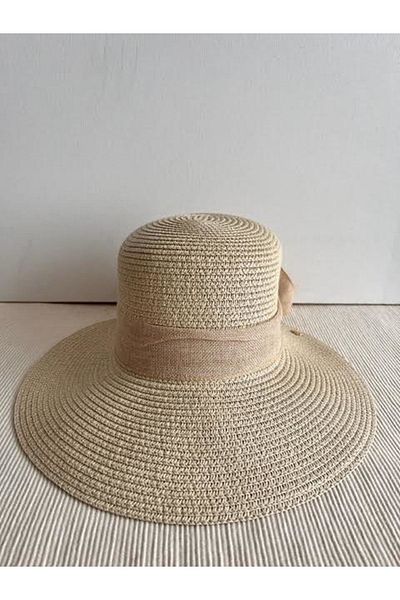 CosmoOutlet Beige Lora Model Straw Bow Beach Hat