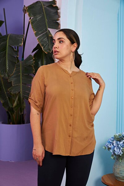 RMG Voile Viscose Plus Size Camel Shirt - Sleeve Detail