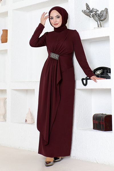 ModaMerve Burgundy Draped Stone Embroidered Evening Dress 5020SL890