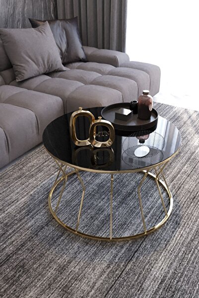 Nies Aksesuar Kum Saati Orta Sehpa Tamperli Gold Ayak Füme Ayna Cam (KIRILMAZ)