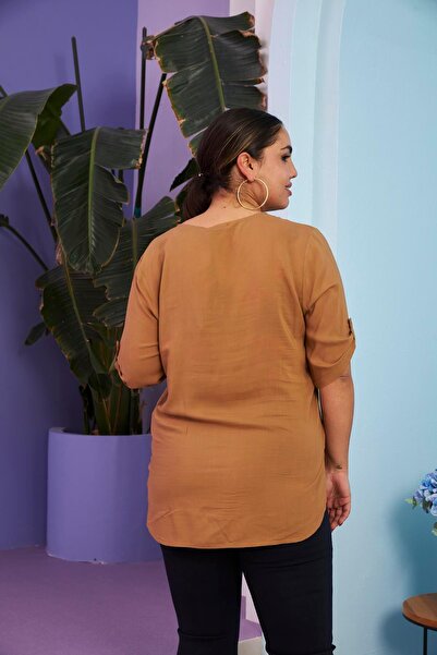 RMG Voile Viscose Plus Size Camel Shirt - Sleeve Detail