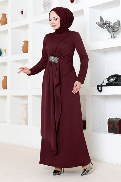 ModaMerve Burgundy Draped Stone Embroidered Evening Dress 5020SL890