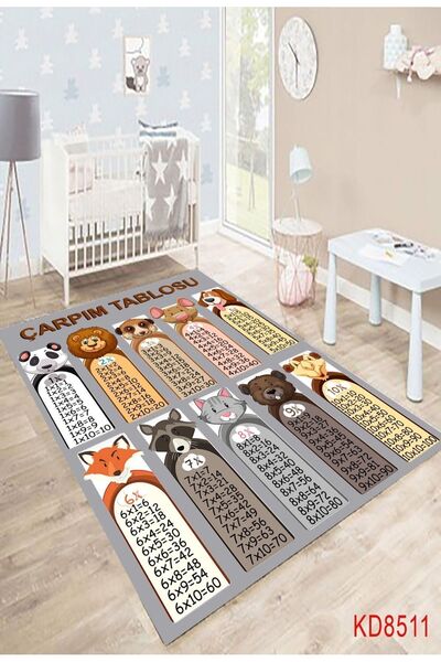eco concept Gri Renk Hayvan Detaylı Çarpım Tablolu Oyun Halısı, Kaymaz Taban Halı, Yıkanabilir, Çocuk Odası Halı