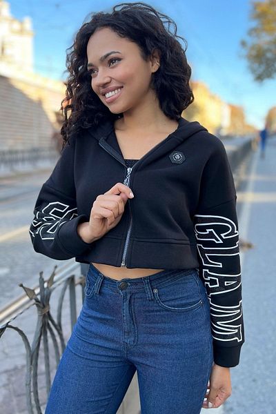 RICH GLAM Hooded 3 Thread Fleece Crop Zippered Black Women's Cotton Sweatshirt