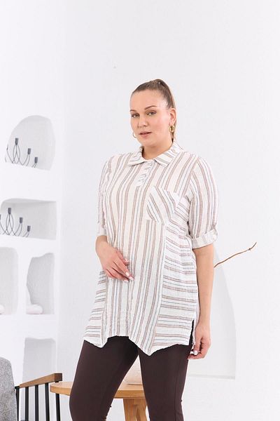 RMG Plus Size AsyMMetric Cut Striped Muslin Mink Tunic