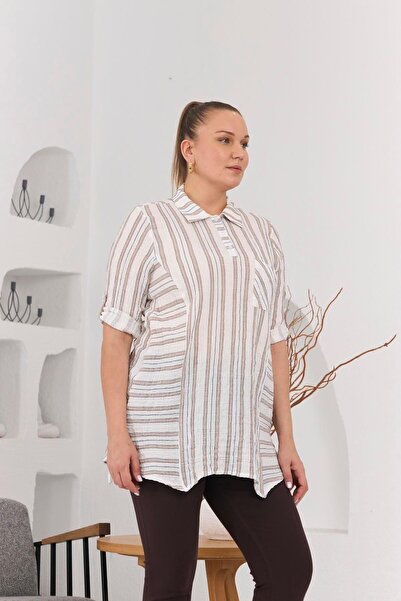 RMG Plus Size AsyMMetric Cut Striped Muslin Mink Tunic