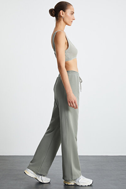 GRIMELANGE Reena Women's 100% Organic Cotton Ribbed Open Front Khaki Sweatpants