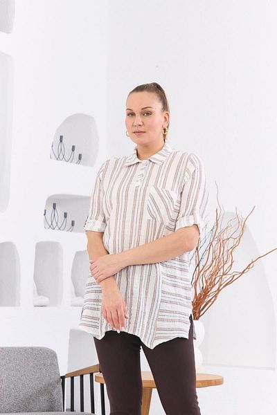 RMG Plus Size AsyMMetric Cut Striped Muslin Mink Tunic