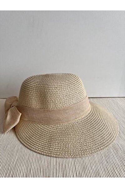 CosmoOutlet Μπεζ Lora Model Straw Bow Καπέλο παραλίας