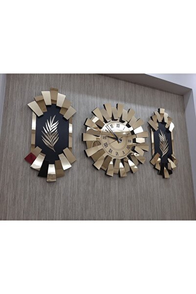 TUĞBArt 3lü Duvar Saati Gold Aynalı Roma Rakam 3 Boyutlu Piyano Model Palmiye...