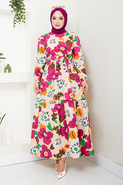 ModaMerve Fuchsia Floral Patterned Dress - ETT10067-M