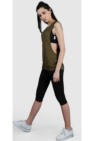 HALVMAN Women's Side Decollete Sports Tank Top Khaki Hlv1347