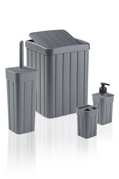 plastyol 4'lü Banyo Seti - 10l Pırpır Kapaklı Çöp Kovası,wc Fırçalık,diş Fırç...