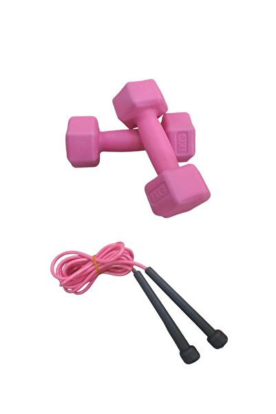 Mrt 1 Kg X2 Adet MİNİ Plastik Pembe Dambıl  + Pembe Atlama İpi