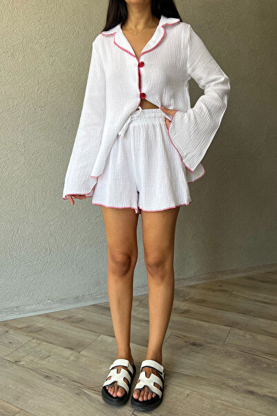 Seda Yalçın Atelier Long Sleeve Red Striped Elastic Shorts Set