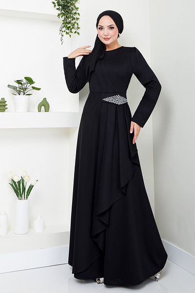 ModaMerve Μαύρο Φόρεμα Hijab - Stone Detailed, Model 5022SL890