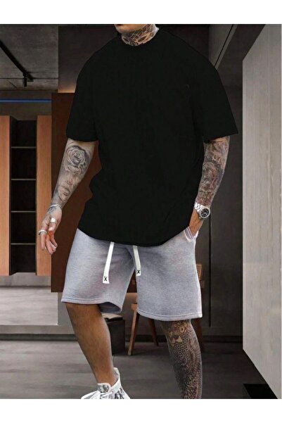 NO 601 Men's Black T-Shirt Gray Combed Cotton Shorts Patternless Set