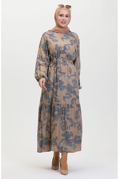 sefamerve Gray Patterned Skirt Gathered Dress - 0451-03
