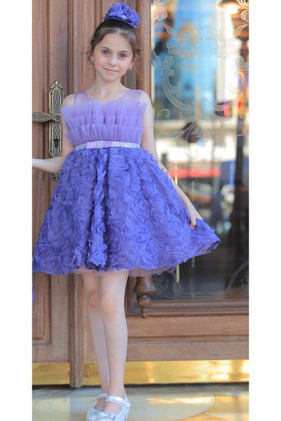 MİSS RAİN Girl's Evening Dress with Thin Stone Belt and Flower Embossed DeTail