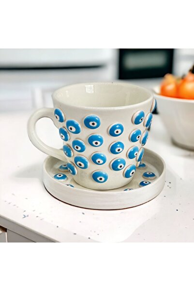 sim atölye Nazar Boncuk Desenli El Yapımı Duble Türk Kahvesi Bardağı Ve Tabağı