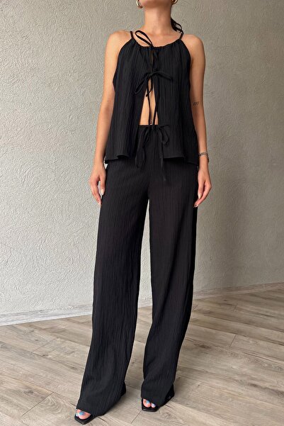 Seda Yalçın Atelier Black Rope Strap Blouse and Pants Set