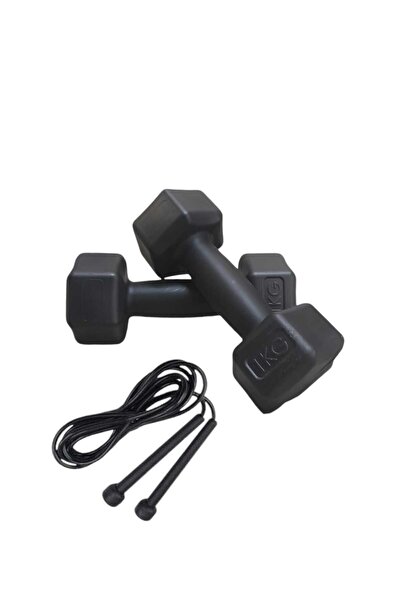 Mrt 1 Kg X2 Adet MİNİ Plastik Siyah Dambıl  + Siyah Atlama İpi