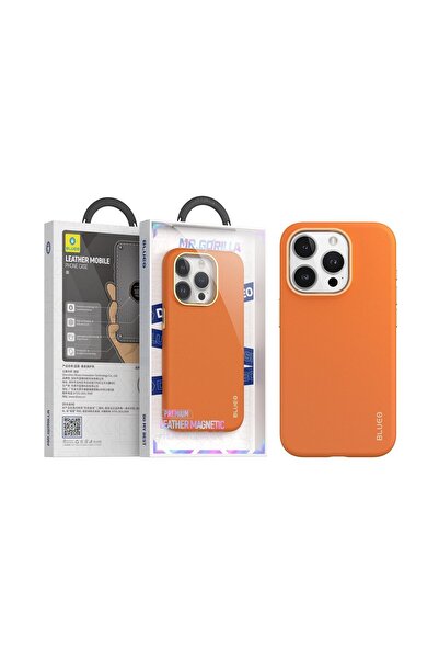 BLUEO İphone 15 Pro Magsafe Uyumlu Deri Premium Turuncu Telefon Kılıfı