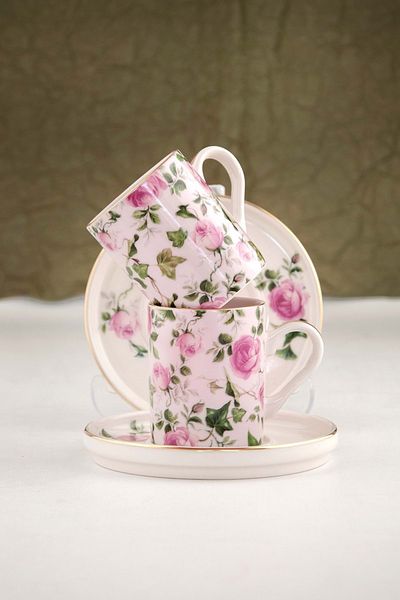 Bursa Porselen Dekor Coffee Color Pink Ivy Gold Cup Set for 2 People