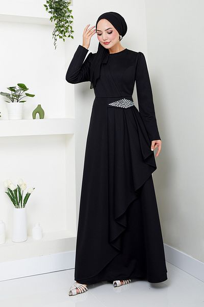 ModaMerve Μαύρο Φόρεμα Hijab - Stone Detailed, Model 5022SL890