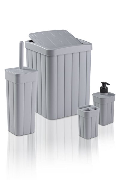 plastyol 4'lü Banyo Seti - 10l Pırpır Kapaklı Çöp Kovası, Wc Fırçalık, Diş Fı...