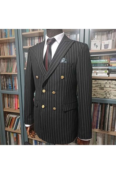 Querinca Black Striped Double Breasted Slim Fit Suit (With Tie and Collar Ornament Gift)