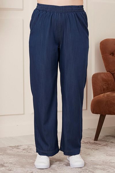 RMG Large Size Navy Blue Trousers - Wide Leg and Elastic Waist