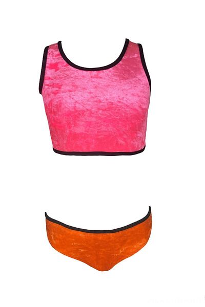 LOOK ME Nessi Byrd 50uv Μπικίνι για κορίτσια - Ροζ-πορτοκαλί με λουράκια ώμου, βελούδο, σταυρωτό δέσιμο και λεπτομέρεια στην πλάτη