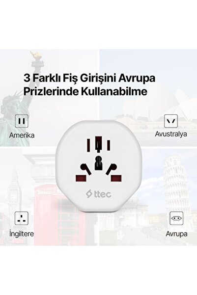 Ttec Şarj Akım Korumalı 10A/250V Amerikan Ve Avrupa Tipi Priz Dönüştürücü Priz Çevirici Adaptör Priz