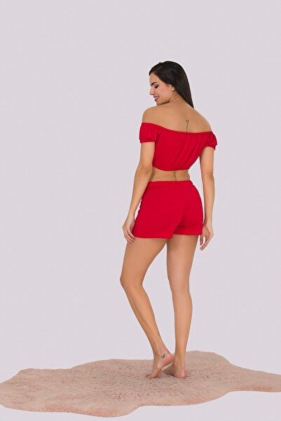 MyBen Red Strapless Women's Pajama Set with Detailed Shorts 378