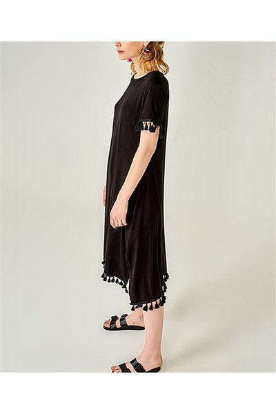 TRQOM Rochie de damă cu ciucuri negre - fante laterale