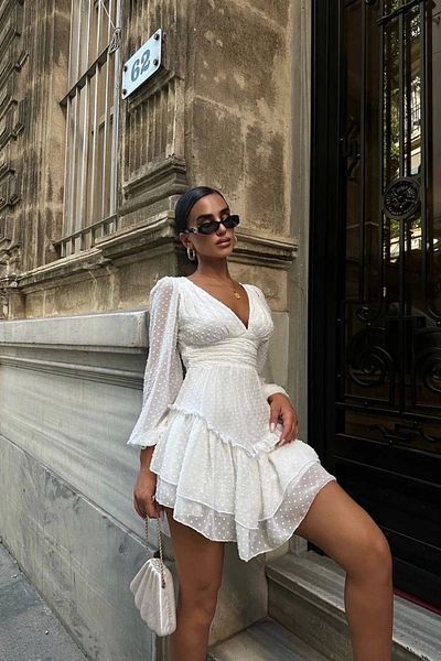 Eka Rochie albă de damă cu decolteu în V - 1026-0010