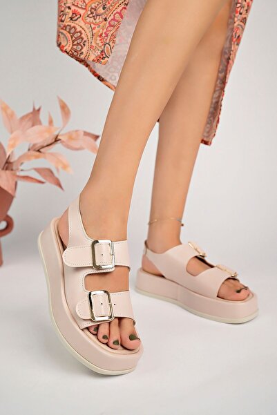 StWenn Μπεζ Γυναικεία Σανδάλια - Wedge Heel, Διπλό λουράκι και αγκράφα