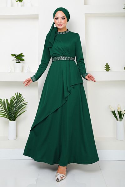 ModaMerve Φόρεμα Hijab με ζώνη Emerald - 268DVL897-M